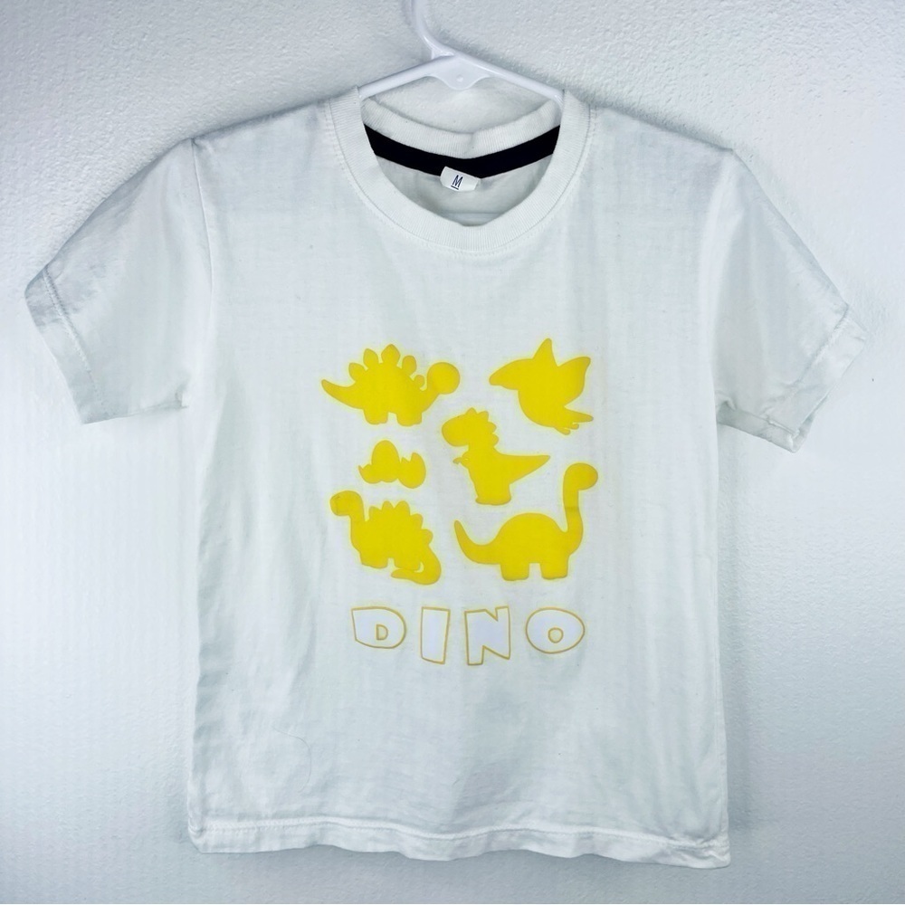 BABYMY99 Boys Kids White T w Print Yellow Dinos and Word Dino in stencil Size M